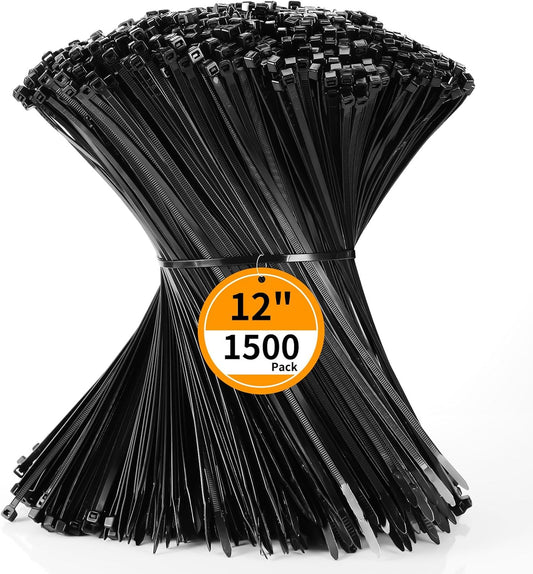 Cable Zip Ties 12 inch Cehony 1500 Pack Black Zip Ties Heavy Duty 50lbs Tensile Strength Plastic Zip Ties for Outdoor and Indoor Multi-Purpose Cable Ties Self-Locking UV Resistant Wire Ties Wraps