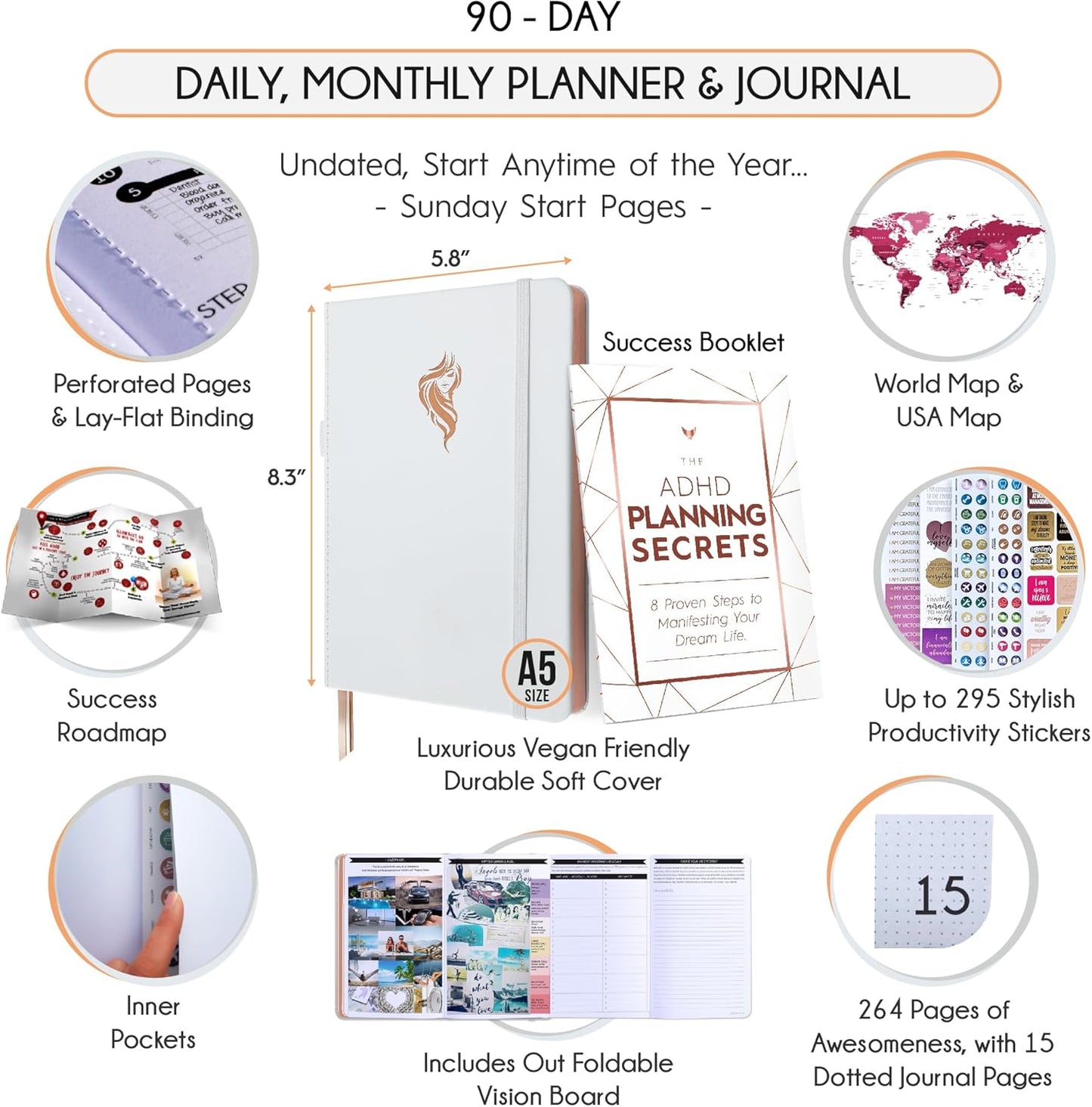 ADHD - A Self Care Personal Gratitude Journal to Increase Productivity and Success in Life & Work, Weekly & Monthly Undated Planner for Women and Men, Vision Board & Organizer + Stickers