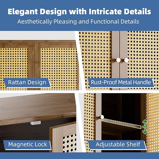 HITNET Bamboo Medicine Cabinet, Wall Mounted Bathroom Cabinet with Adjustable Shelf, Double Rattan Door Hanging Storage Organizer Over Toilet for Entryway, Laundry Room (Walnut)