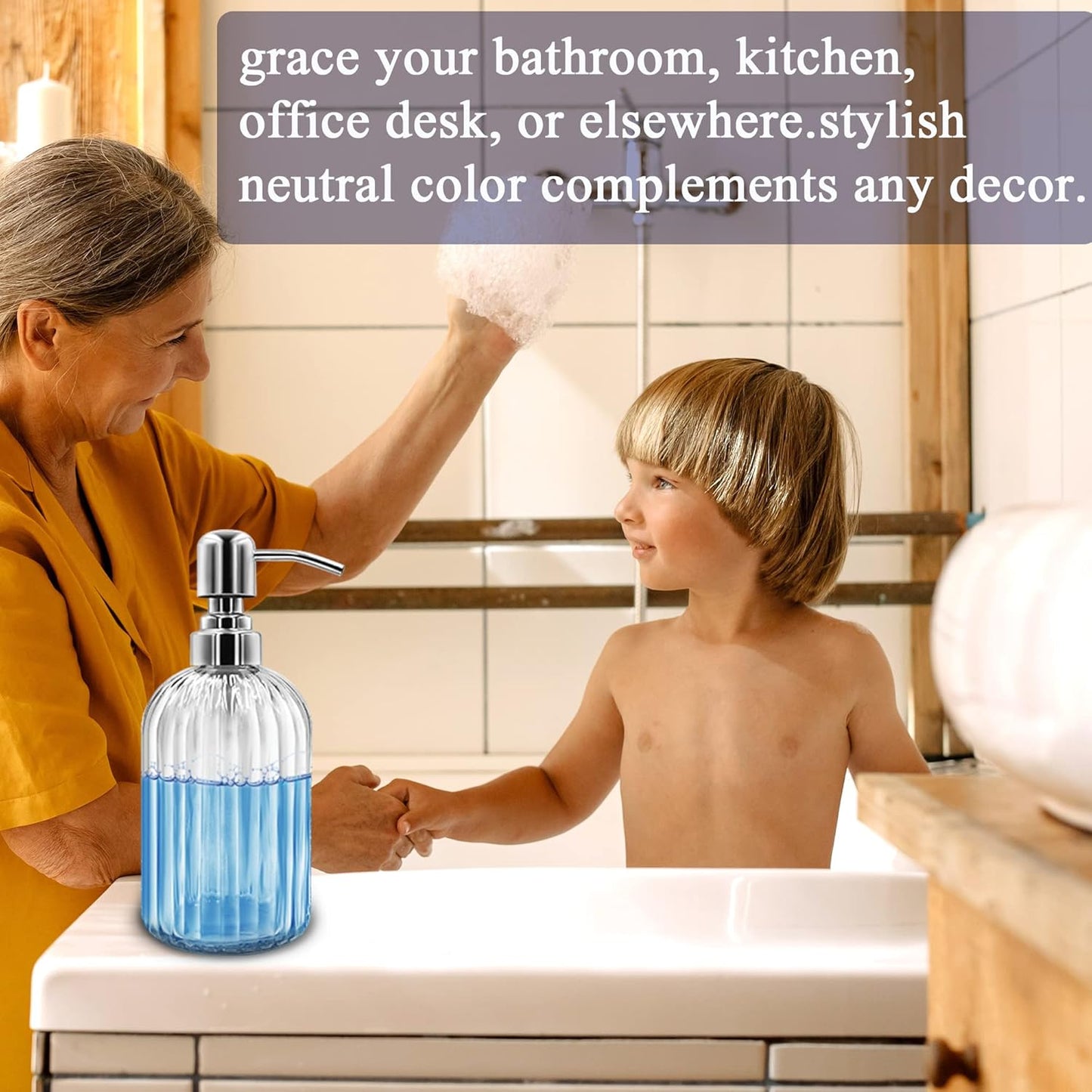 Soap Dispenser - 2 Pack 14 Oz Glass Soap Dispenser with Rust Proof Stainless Steel Pump, Refillable Liquid Bottle Dispenser, Premium Hand Jar Dispenser for Bathroom, Kitchen, Countertop (Purple)