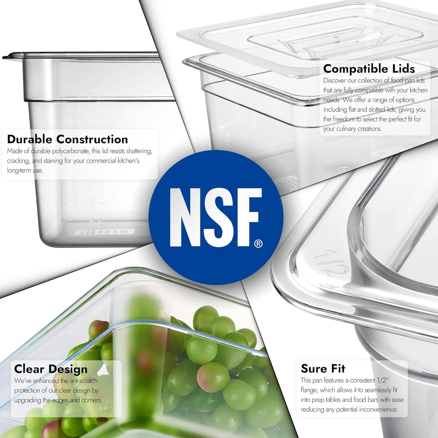 CURTA 6 Pack NSF Food Pans, Half Size 6 Inch Deep, Commercial Polycarbonate Plastic Clear Freezer-Safe