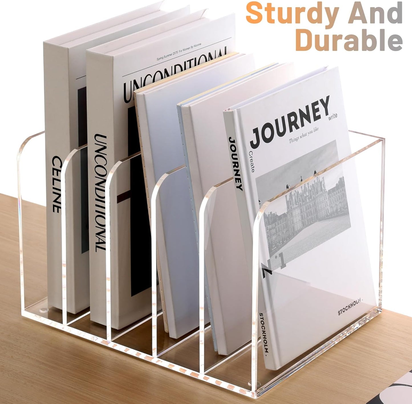 SANRUI Acrylic File Organizer, Clear Magazine File Holder Desk Organizer for Office Organization and Storage with 5 Vertical Compartments, Desktop Bookshelf for Home Office Organization