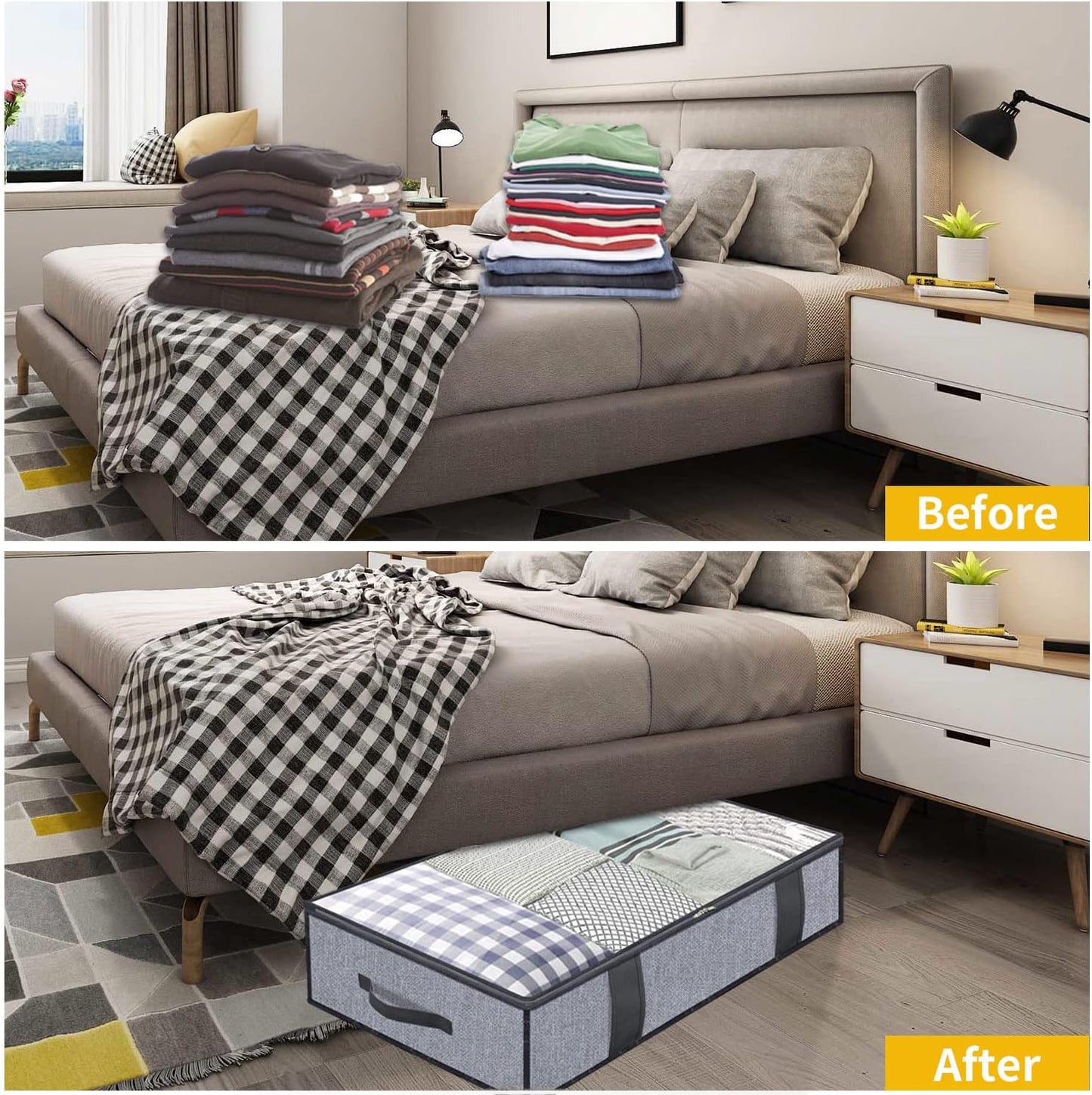 Onlyeasy Foldable Underbed Bags 2 Pack - Blankets Clothes Comforters Storage Bag Breathable Zippered Organizer for Bedroom with Clear Window and 4 Handles, 39.4x19.7x5.9 in, Linen-like Grey, MXDUBBP2