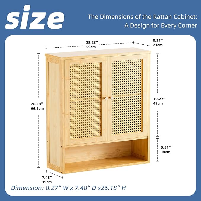 HITNET Bathroom Cabinet Wall Mounted, Rattan Medicine Cabinet, Bamboo Hanging Storage Organizer Over The Toilet with Adjustable Shelf for Living Room, Kitchen, Entryway (Natural)