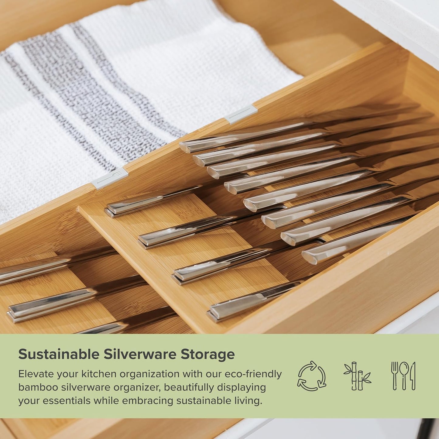 KitchenEdge Premium Cutlery, Flatware, and Silverware Drawer Organizer – Slanted 3-Compartment Design with Labeled Slots, Non-Slip Feet, 100% Sustainable Bamboo