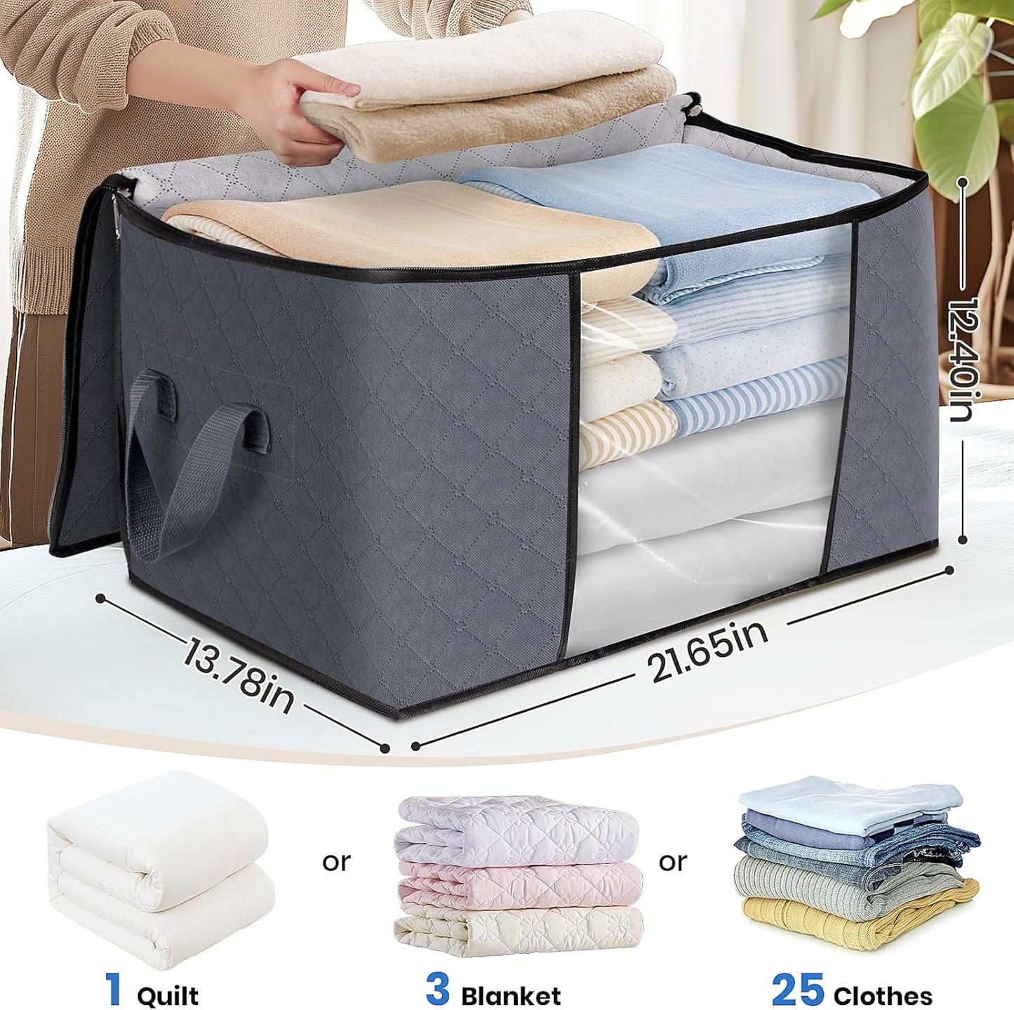 Fab totes Storage Bags,Clothes Blanket Storage Bins Foldable Closet Organizers with Reinforced Handle for Home Dorm Storage and Organization,Fabric Bags for Organizing Sheets,Clothing (Grey,3 Pack)