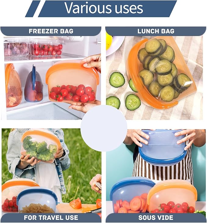 Platinum Silicone Bags Reusable Food Storage bag 34oz/17oz 2pcs Dual-Zip Leakproof Seal Wide Stand-Up Base Dual-Texture Dishwasher & Microwave Safe, BPA Free, Christmas Gift