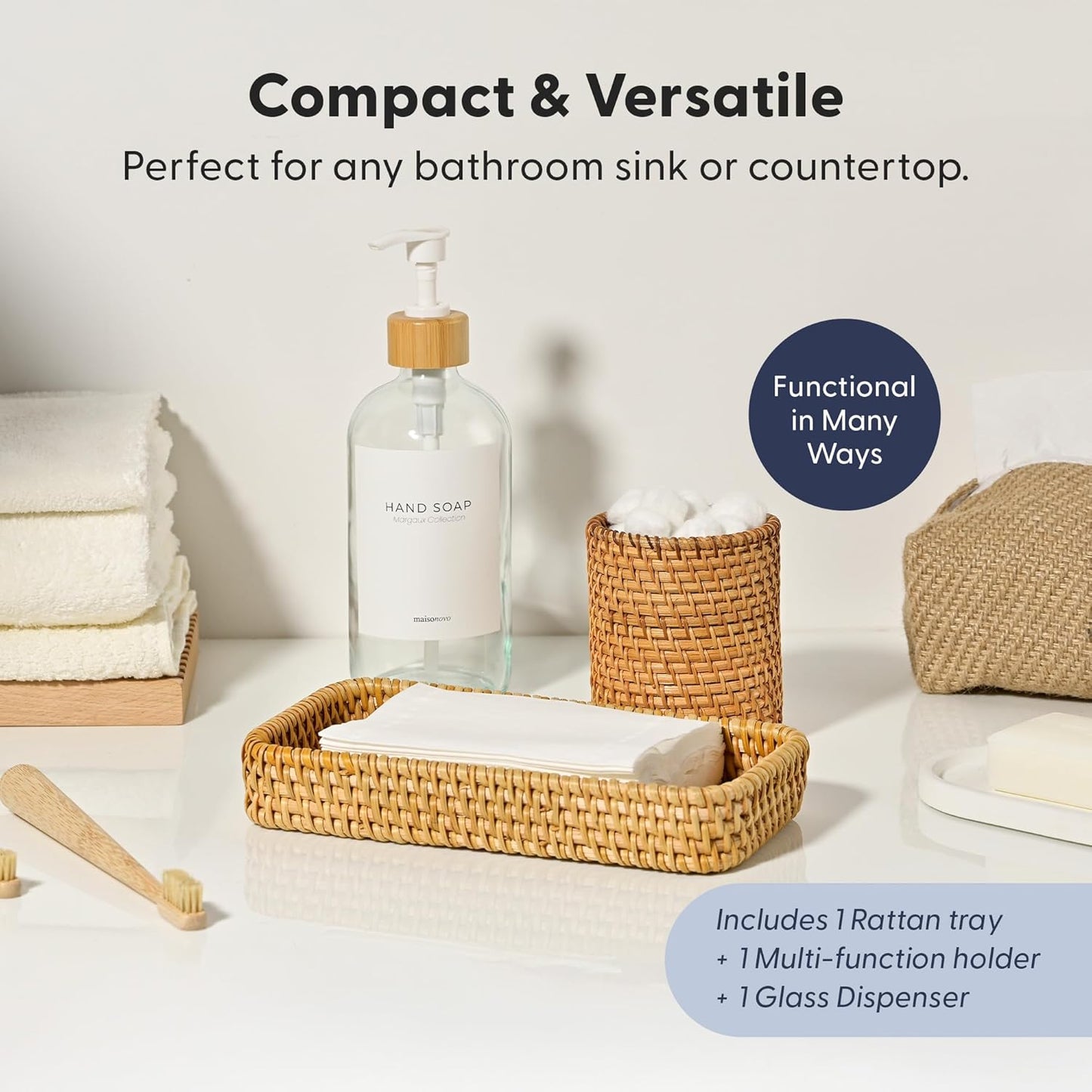 MaisoNovo Rattan Bathroom Set - Clear Countertop Dispenser, Toothbrush Holder & Toothpaste Cup with Tray - Set of 3 - Rattan Bathroom Vanity Trays Rectangle for Storage