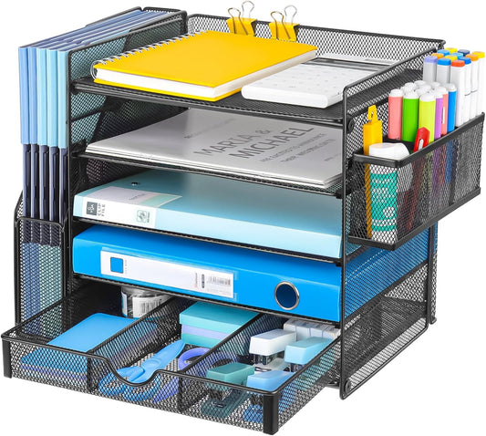 Desk Organizers with File Holder, 5-Tier Paper Organizer Letter Tray with Sliding Drawers and Extra Pen Holder, Mesh Desktop File Organizer for School Office Supplies, Black.