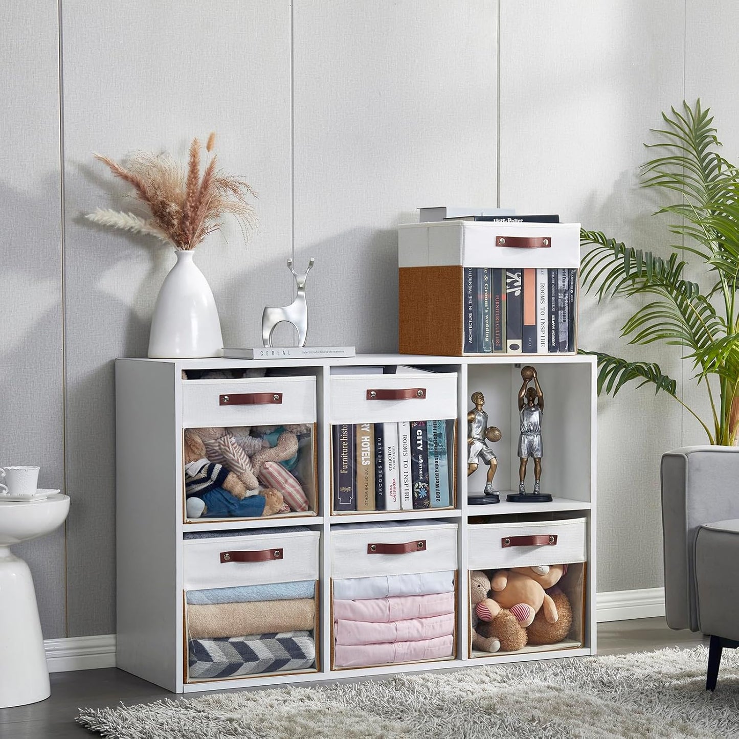 Storage Cubes, 4 Pack Linen Foldable Storage Bins (13 x 13 inch) with Clear Window and Handles, Fabric Organizer for Shelf Closet, Clothes, Books - (Brown and White)
