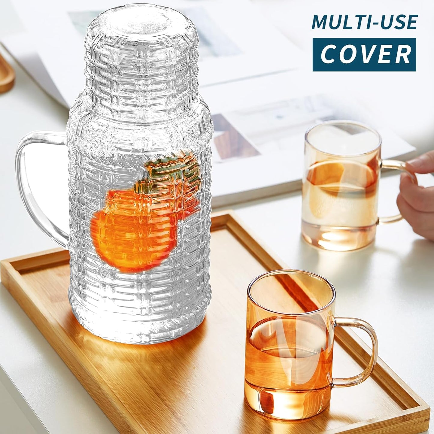 68OZ Glass Pitcher with Lid and Spout, Water Jug, 2000ml Carafe for Hot/Cold Water, Large Iced Tea Pitcher for Coffee, Juice and Homemade Beverage (Textured)