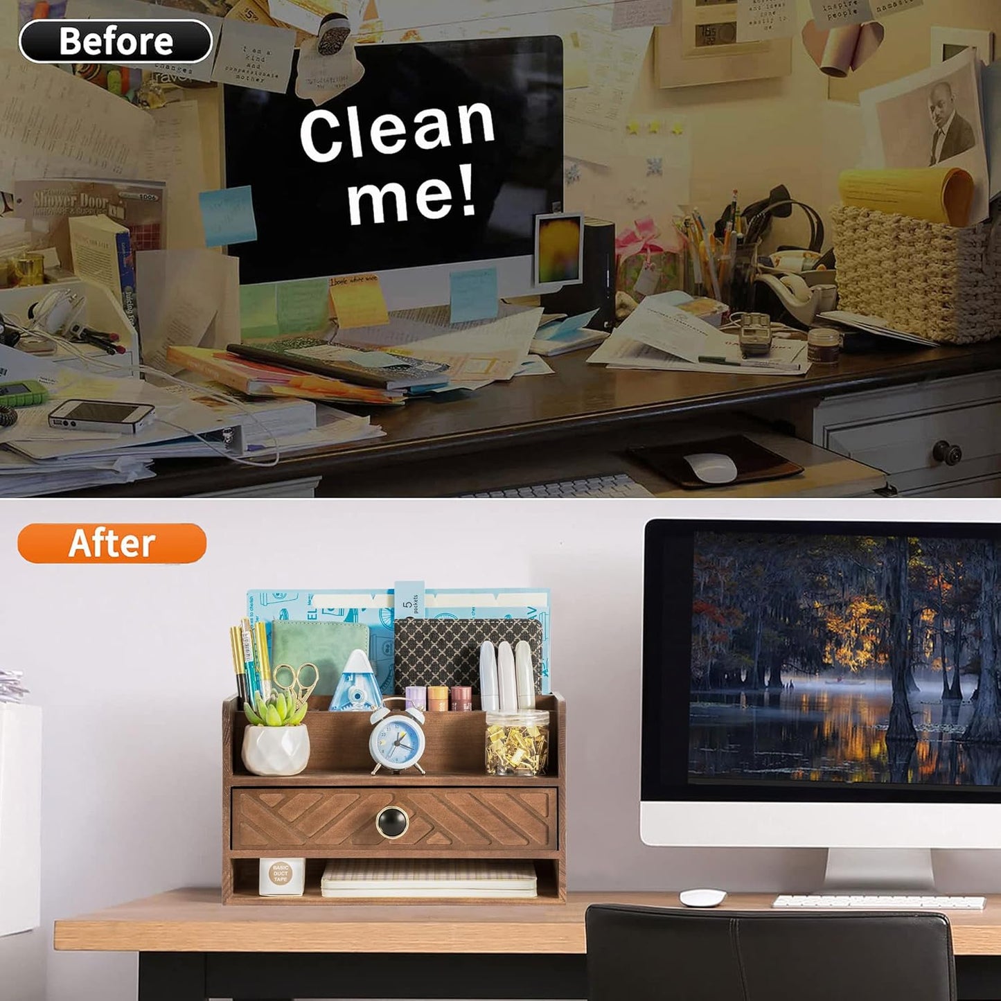 Brown Wood Desk Organizer and Accessories with Drawer, Bill Mail Organizer and File Mail Holder for Office Supplies, Desk Accessories & Workspace Organizers