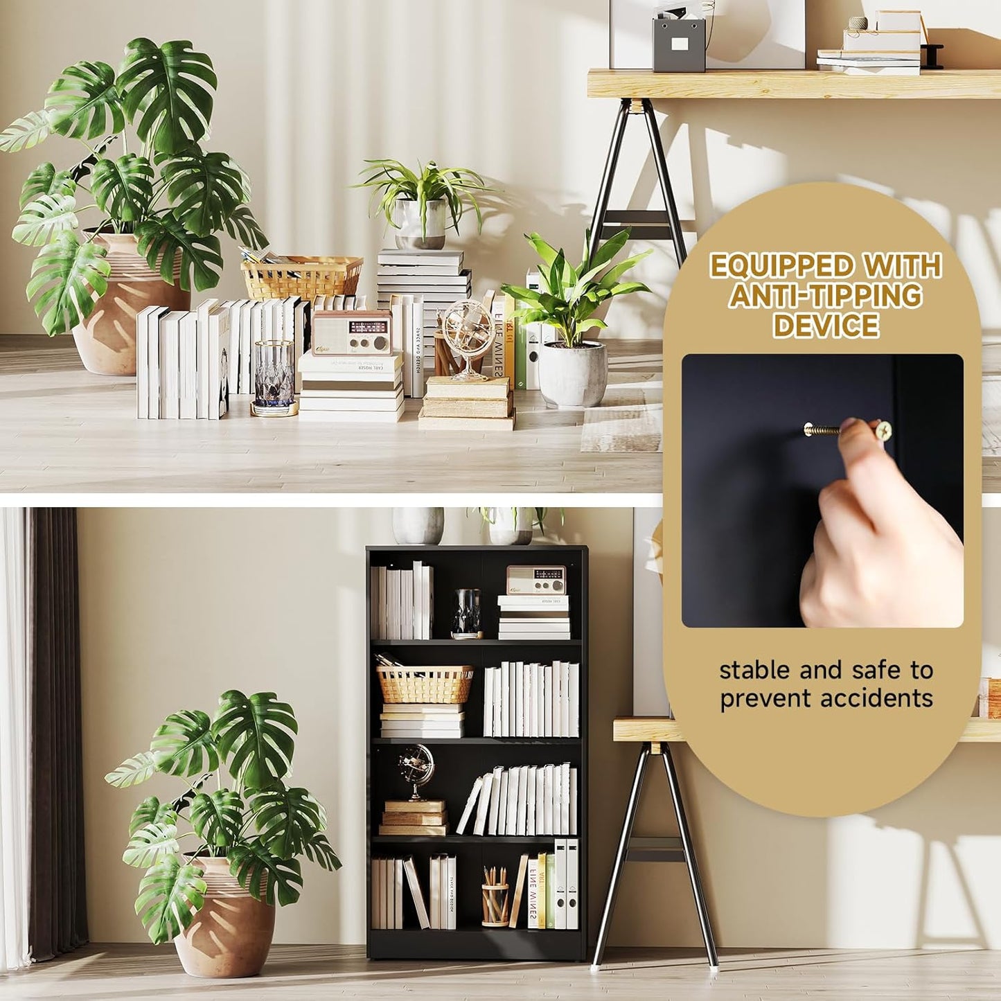 5 Tier Metal Curio Cabinets, Modern Bookshelf Cabinet with 4 Adjustable Shelves, Cabinet Display Case for Home Office, Living Room, Pantry (Black-59H)