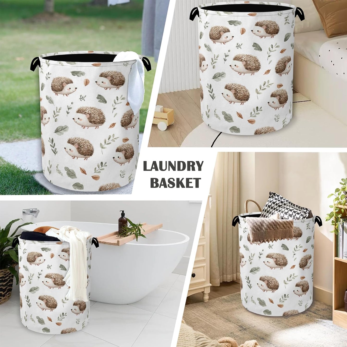 Hedgehog Laundry Hamper,Plant Leaf Dirty Clothes Laundry Basket with Handles Waterproof Oxford Cloth Storage Basket for College Dorms Bathroom Bedroom 16" x 20.8"