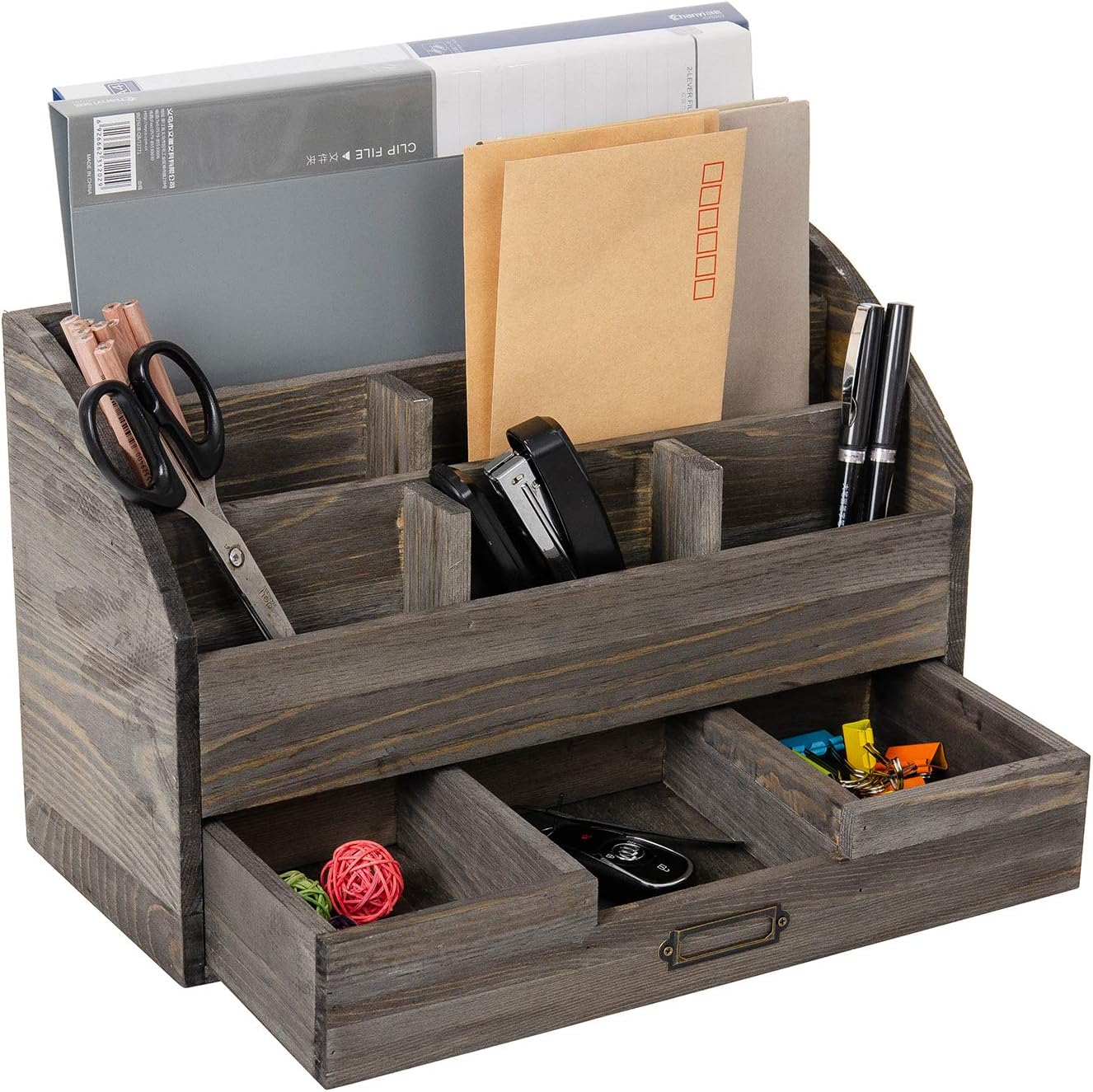 Distressed Rustic Wooden Office Desk Organizer 5 Compartment with 2 Drawer &Counter Desk Tabletop Desktop Mail Rack, Pens, Notebooks, Folders, Pencils and Office Supplies (Rock Grey)