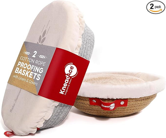 KneadAce Cotton Rope Banneton Bread Proofing Basket Set, Oval & Round Bread Baskets with Liners & Covers for Artisan Bread Baking, Sourdough Bread Baking Supplies