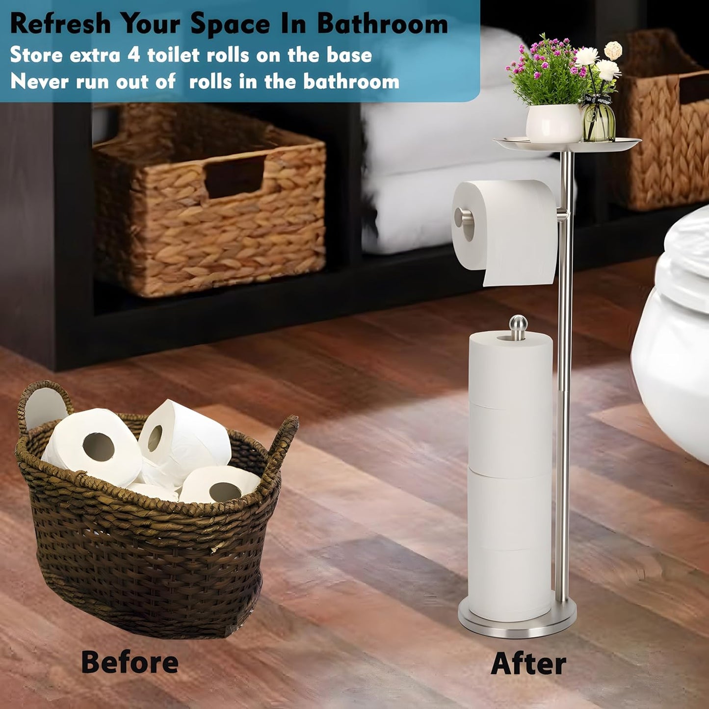 Noonext Toilet Paper Holder with Stainless Steel Tray at The Top for Bathroom, Heavy Base No Tipping Over (Stainless Steel, Brushed Nickel)