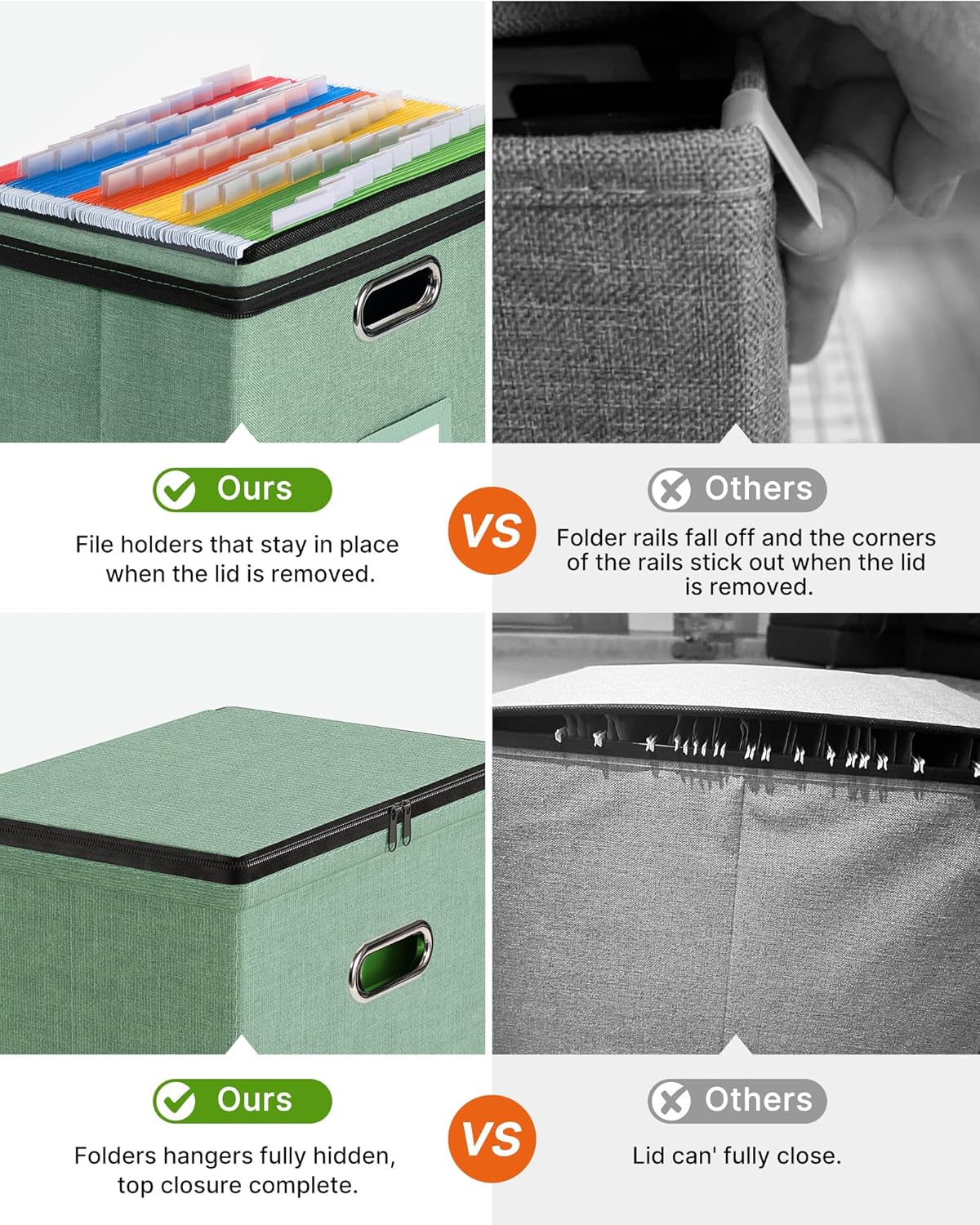 Oterri 2 Pack File Organizer Boxes with Lids, File Box with Mesh Pockets, Document Organizer Box for File Folders Letter Size, Zippers Filing Box for Home, Office, School (Green, Without Folders)