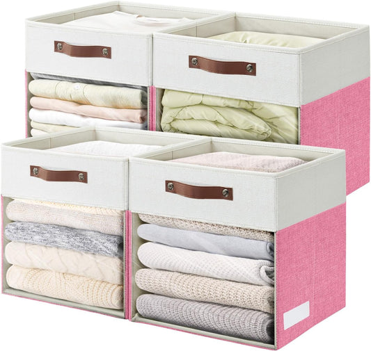 Storage Cubes, 4 Pack Linen Foldable Storage Bins (13 x 13 inch) with Clear Window and Handles, Fabric Organizer for Shelf Closet, Clothes, Books - (Pink and White)