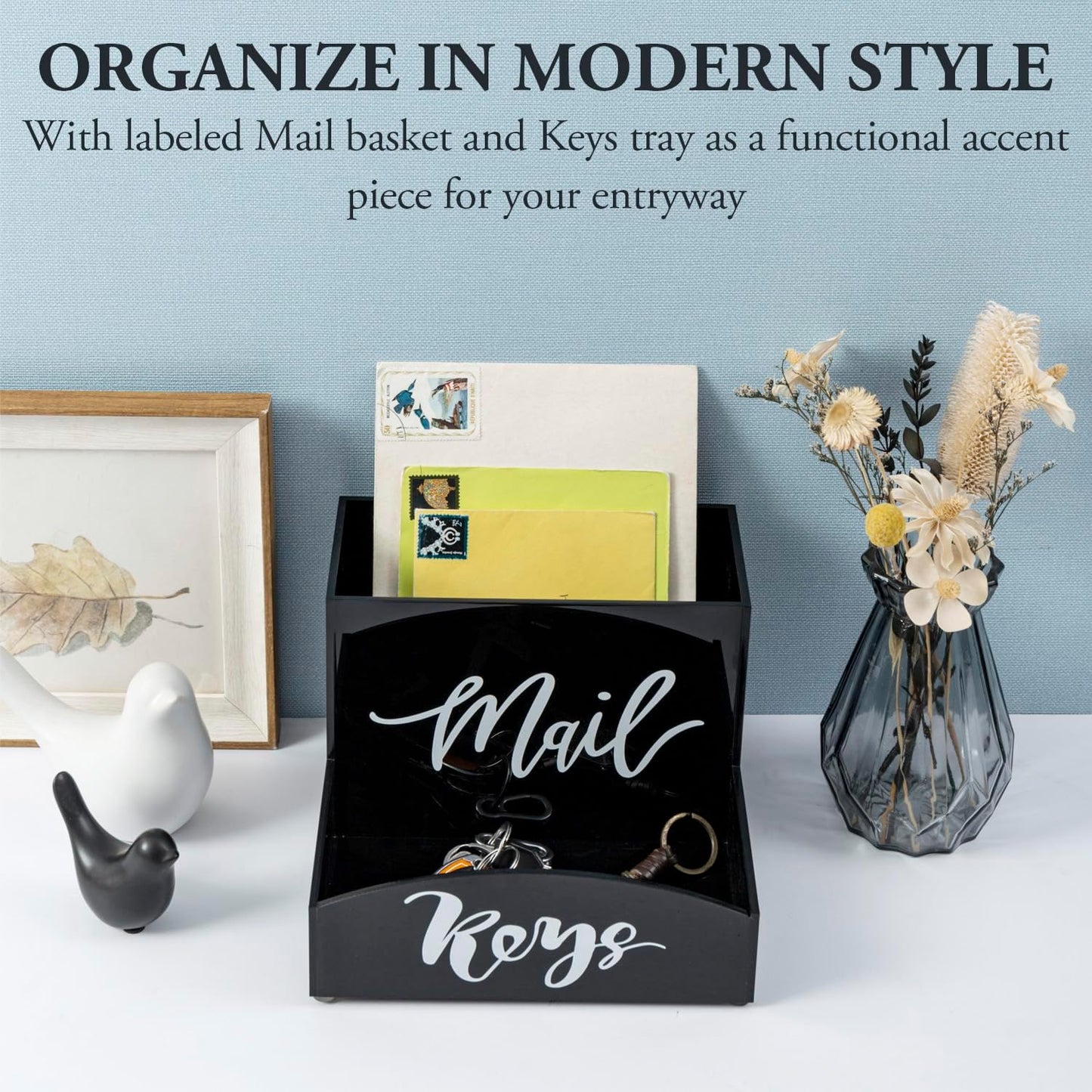 MyGift Modern Premium Black Acrylic Mail Holder and Key Organizer Entryway Storage Tray with Cursive MAIL and KEYS Word Design, Office, Dorm, Classroom Desktop Organizing Bin