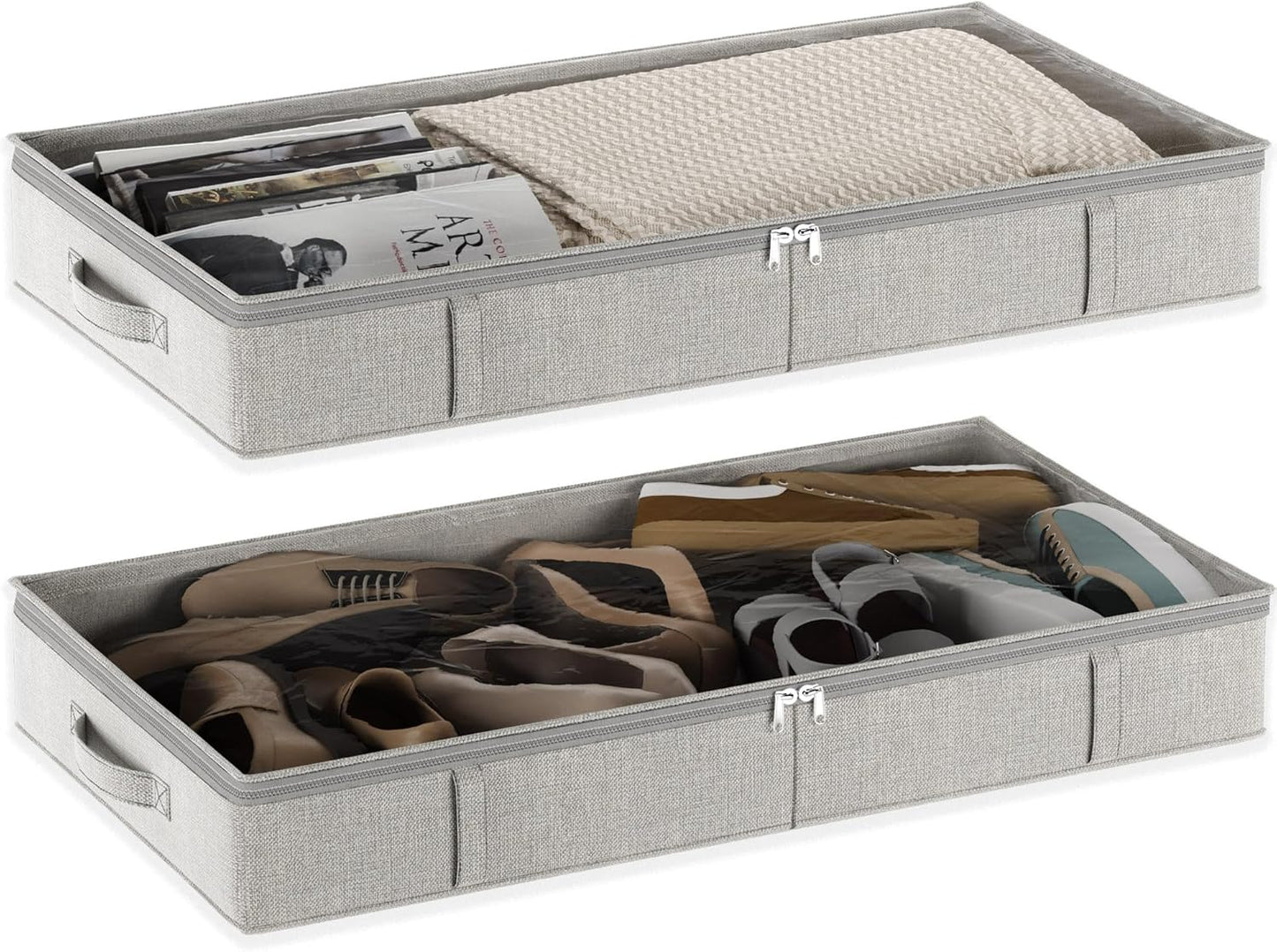 Light Gray & White Low Profile Under Bed Storage Containers 5 inches high, 33.8"x 17.7"x 5.1", Sturdy Underbed Shoe Storage Organizer, Foldable Fabric Under the Bed Storage Bins - Pack of 2