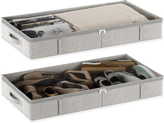 Light Gray & White Low Profile Under Bed Storage Containers 5 inches high, 33.8"x 17.7"x 5.1", Sturdy Underbed Shoe Storage Organizer, Foldable Fabric Under the Bed Storage Bins - Pack of 2