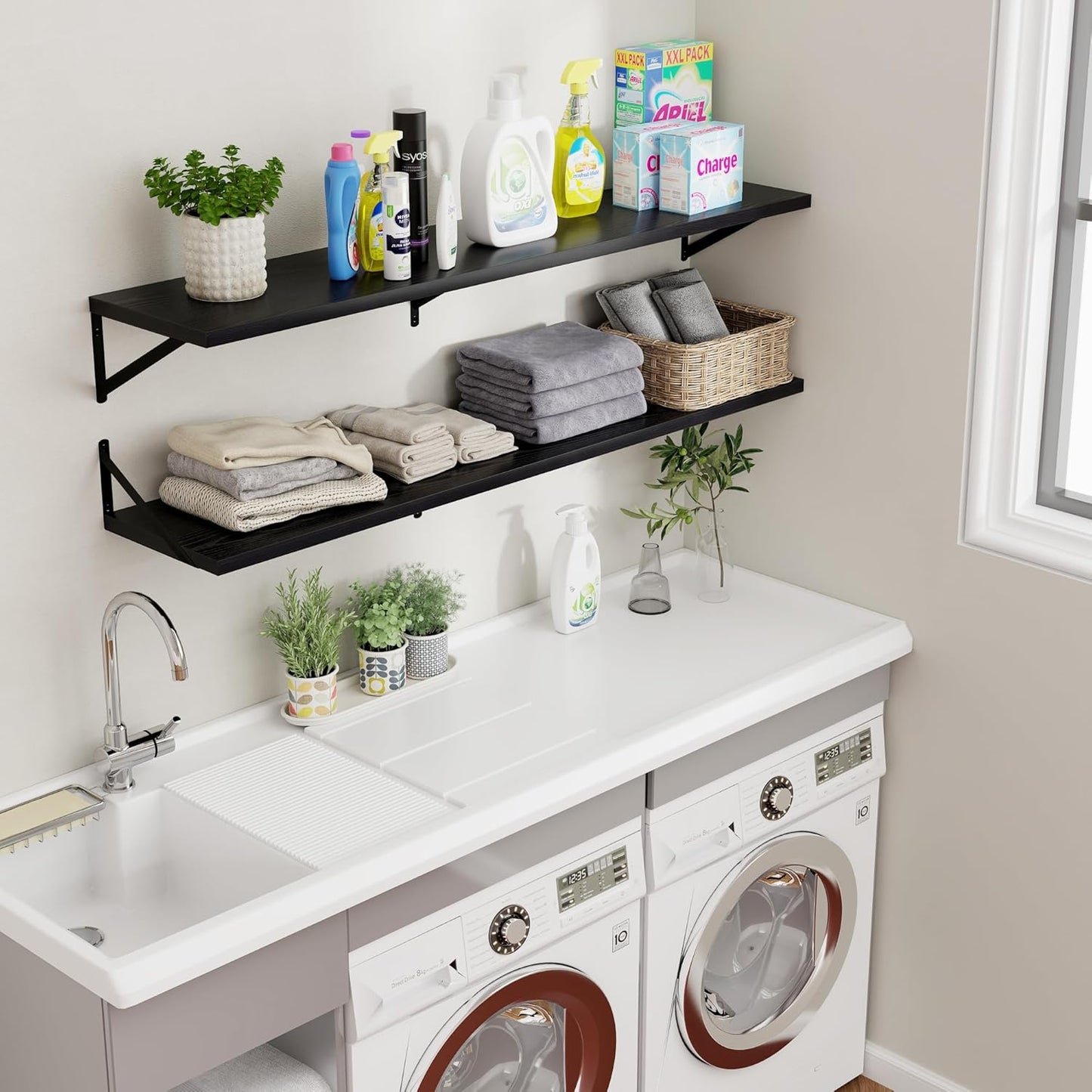 Axeman Floating Shelves for Wall Black- 55 Inch Wide x 12 Inch Deep Wall Shelves Set of 2 - Black Deep Wood Floating Shelves for Living Room Bedroom Laundry Room