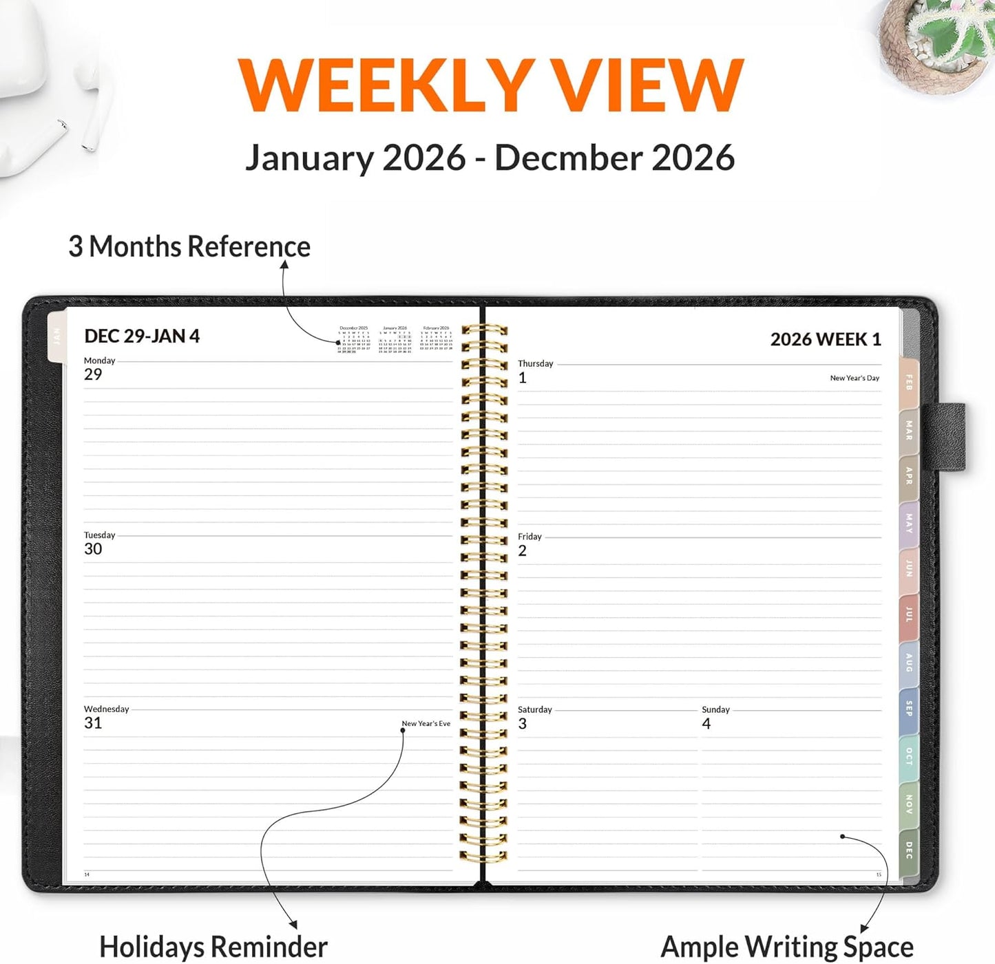 SUNEE 2026 Weekly & Monthly Planner 9"x11.2"- 12 Month (January 2026 - December 2026), Vegan Leather Cover, Pocket, Bookmark, Notes, Monthly Tab, Black