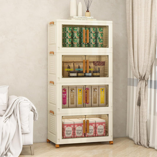 Plastic Stackable Storage Bins with Lids and Wheels, Foldable Closet Organizers and Storage Containers, Collapsible Clear Drawer Storage Cabinet with Doors White 45.6Gal