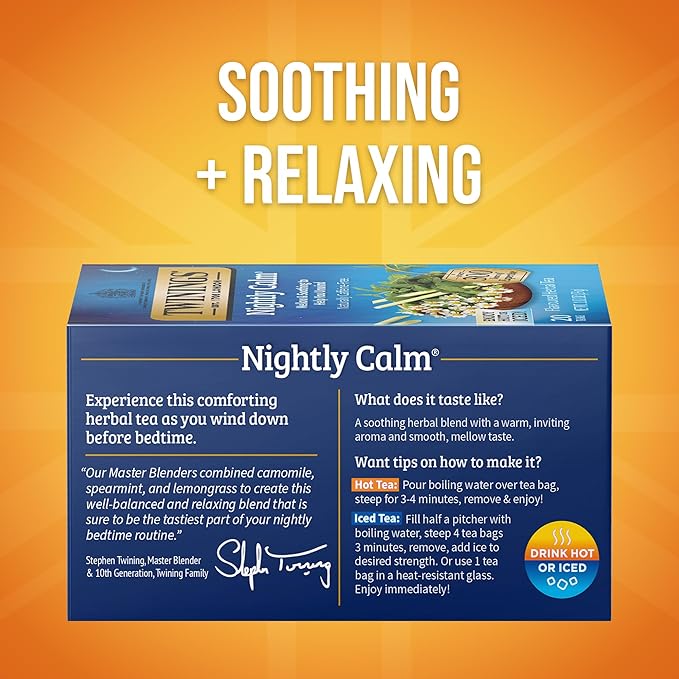 Twinings Nightly Calm Herbal Tea Individually Wrapped Bags, 20 Count (Pack of 1), Spearmint & Lemongrass, Naturally Caffeine-Free, Enjoy Hot or Iced, 20 Teabags