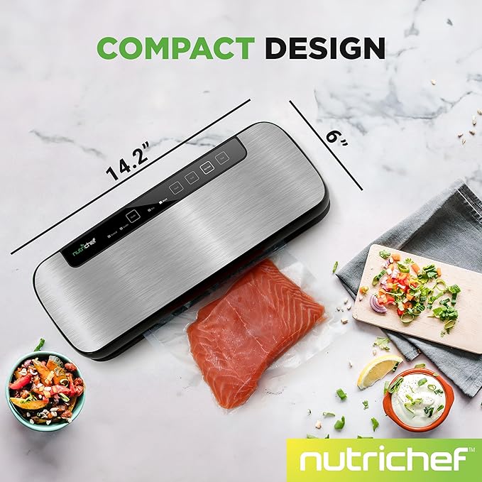 NutriChef Food Vacuum Sealer Machine, Stainless Steel Automatic Air Sealing System for Dry/Moist Foods, LED Touch Controls, Includes Vacuum Hose, Bag Roll and Wine Stopper, 110W Suction Power, 14"x6"