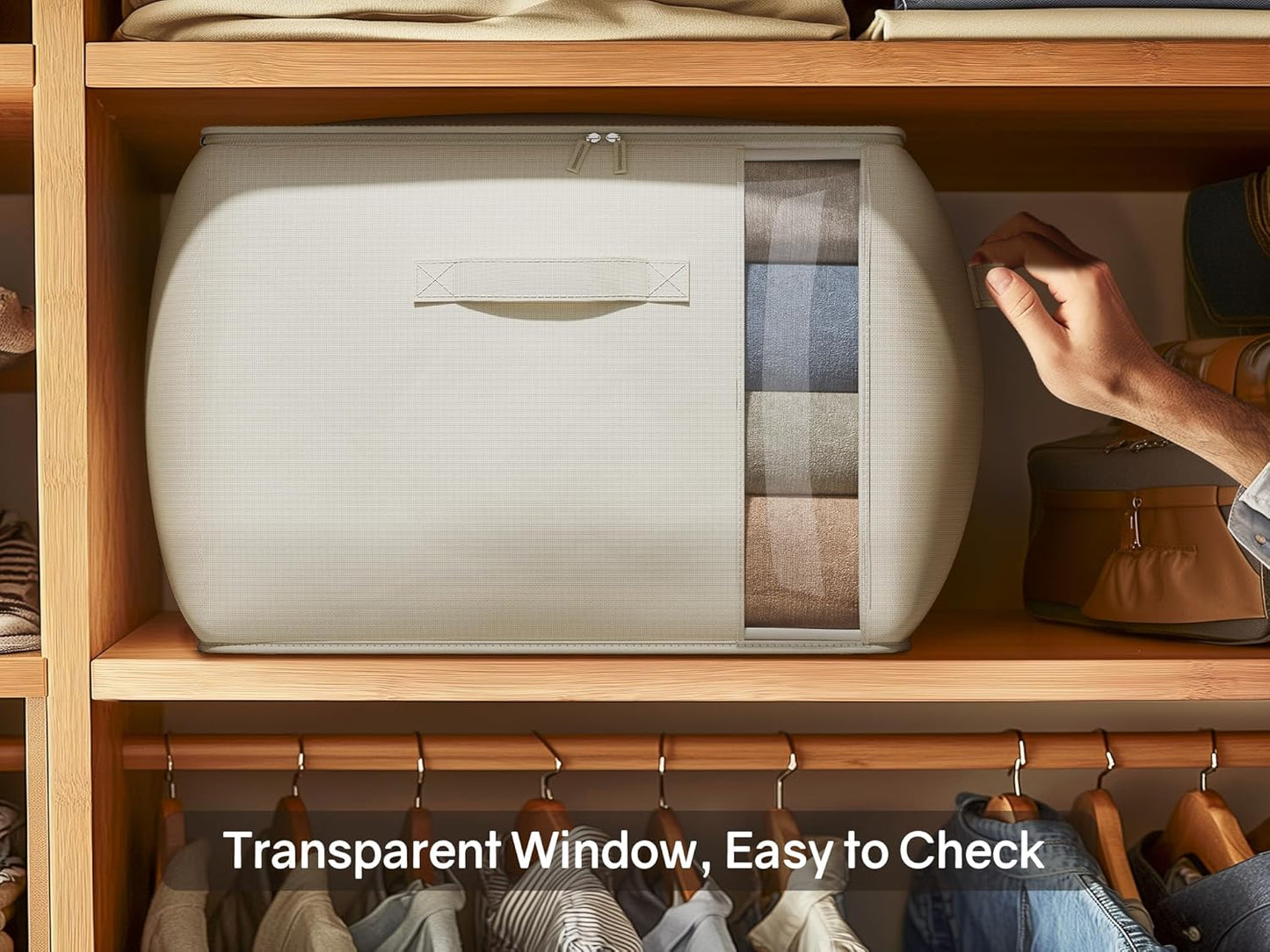 Large Canvas Clothes Storage Bags with Thick Handles and Clear Window, Foldable Cotton Linen Closet Organizer for Clothing, Blankets and Bedding, 70L, 6 Pack, Beige