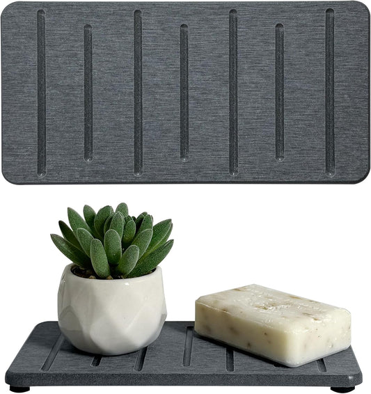 2PCS Water Absorbing Stone Tray for Cosmetics & Hand Soap & Houseplants, 7.9" x 4" Diatomite Coaster, Ultra-Absorbent Sink Tray | Fast-Drying Bathroom & Kitchen Organizer