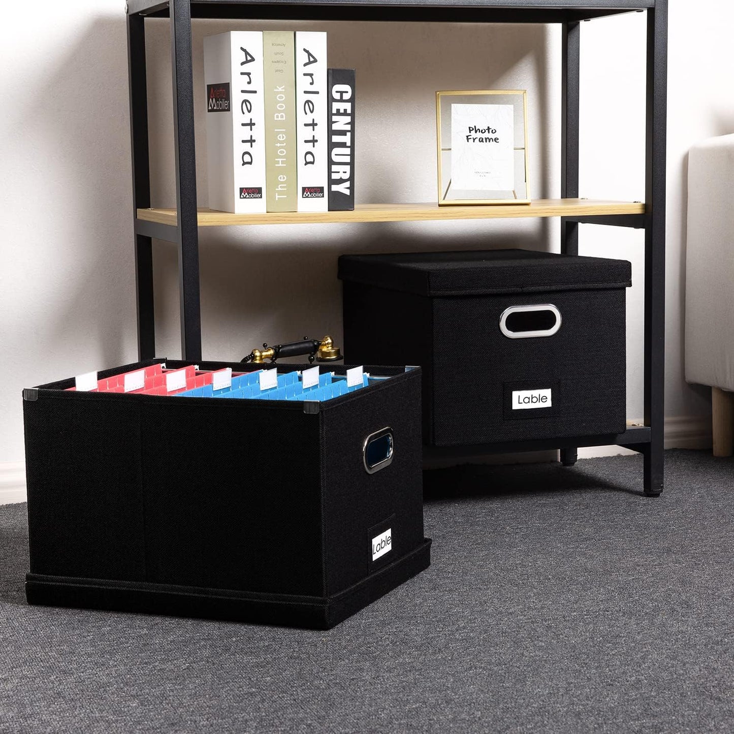 PRANDOM File Organizer Box - Set of 2 Collapsible Decorative Linen Filing Storage Hanging File Folders with Lids Office Cabinet Letter/Legal Size Black (17x14x11.2 inch)