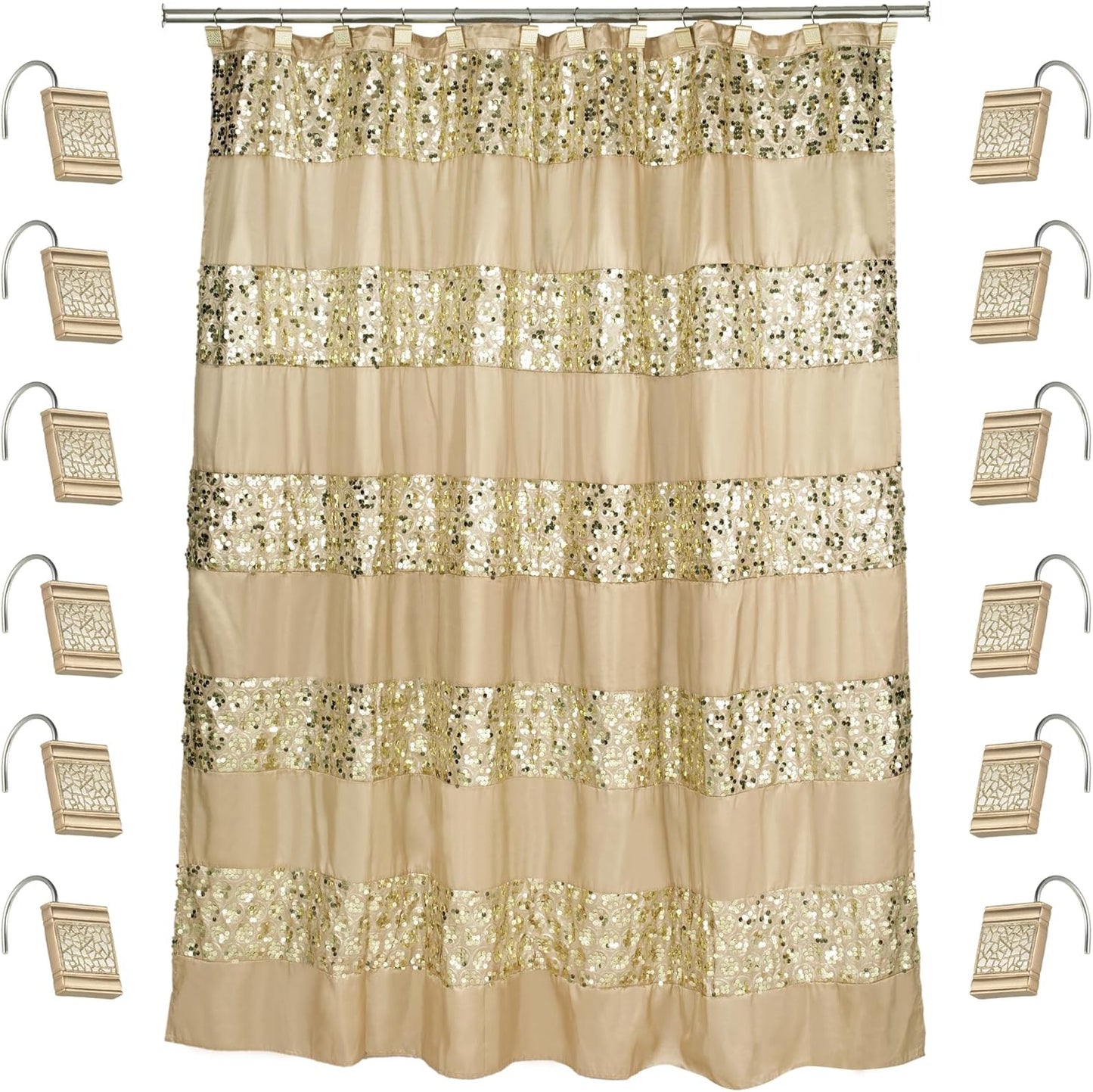 Zahari Home 13pc Sinatra Bathroom Shower Curtain Set - Gold Curtain & 12 Champagne Hooks - Luxury Fabric Bling Unique Beautiful Set