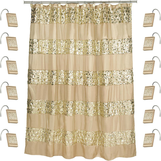Zahari Home 13pc Sinatra Bathroom Shower Curtain Set - Gold Curtain & 12 Champagne Hooks - Luxury Fabric Bling Unique Beautiful Set