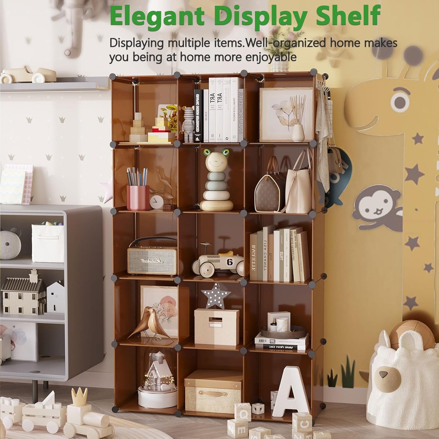 C&AHOME 16-Cube Storage Organizer, Plastic Shelves Units, DIY Closet Organizer, Modular Shelves Ideal for Home, Bedroom, 48.4" L 12.4" W 48.4" H Brown UPCS16C