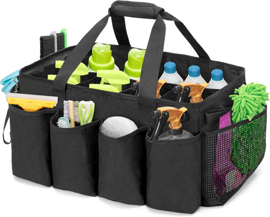Extra-Large Cleaning Caddy, Organizer with Handles for Cleaning Tools & Products Storage, Large Capacity Tote Bag for Car, Home & Housekeeping Work, Black