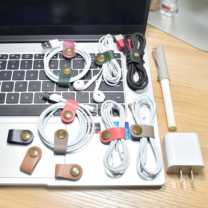 CAILLU Cord Organizer 10 Pack,Cord Holder,Cable Clips Leather,Cable Organizer USB Holder,Cord Keeper,Phone Wire Organizers Ties Mens Stocking Stuffers for men