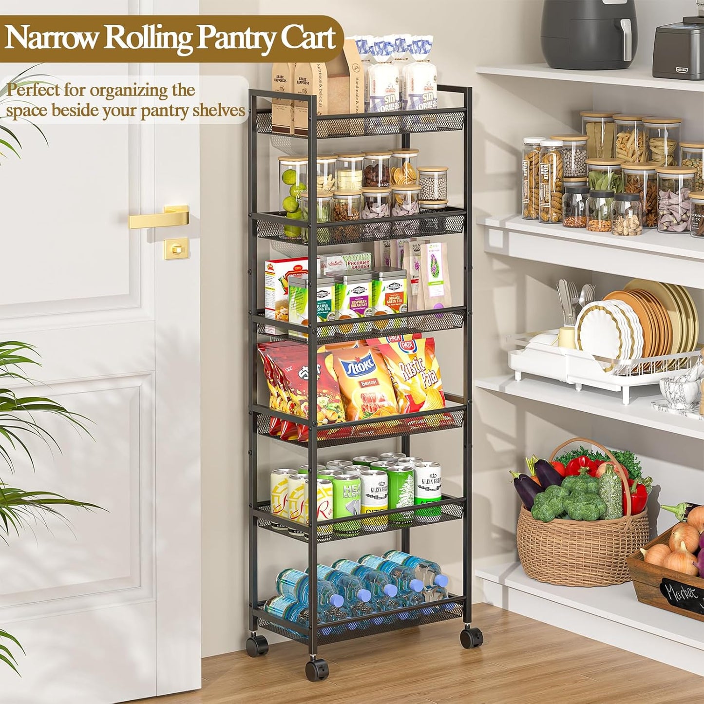 6 Tier Slim Rolling Storage Cart, Narrow Mobile Shelving Unit Organizer Utility Cart with Wheels, Metal Wire Storage Rack with Baskets for Kitchen, Bathroom, Laundry & Living Room, 10in(W)