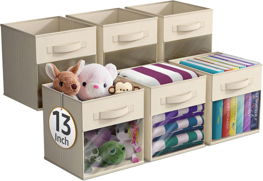 Sorbus 13 Inch Storage Bins with Clear Window - 6 Foldable Baskets for Organizing Clothes, Toys, Books - Sturdy Collapsible Fabric Storage Cubes with Handle - Storage Baskets for Shelves, Closets