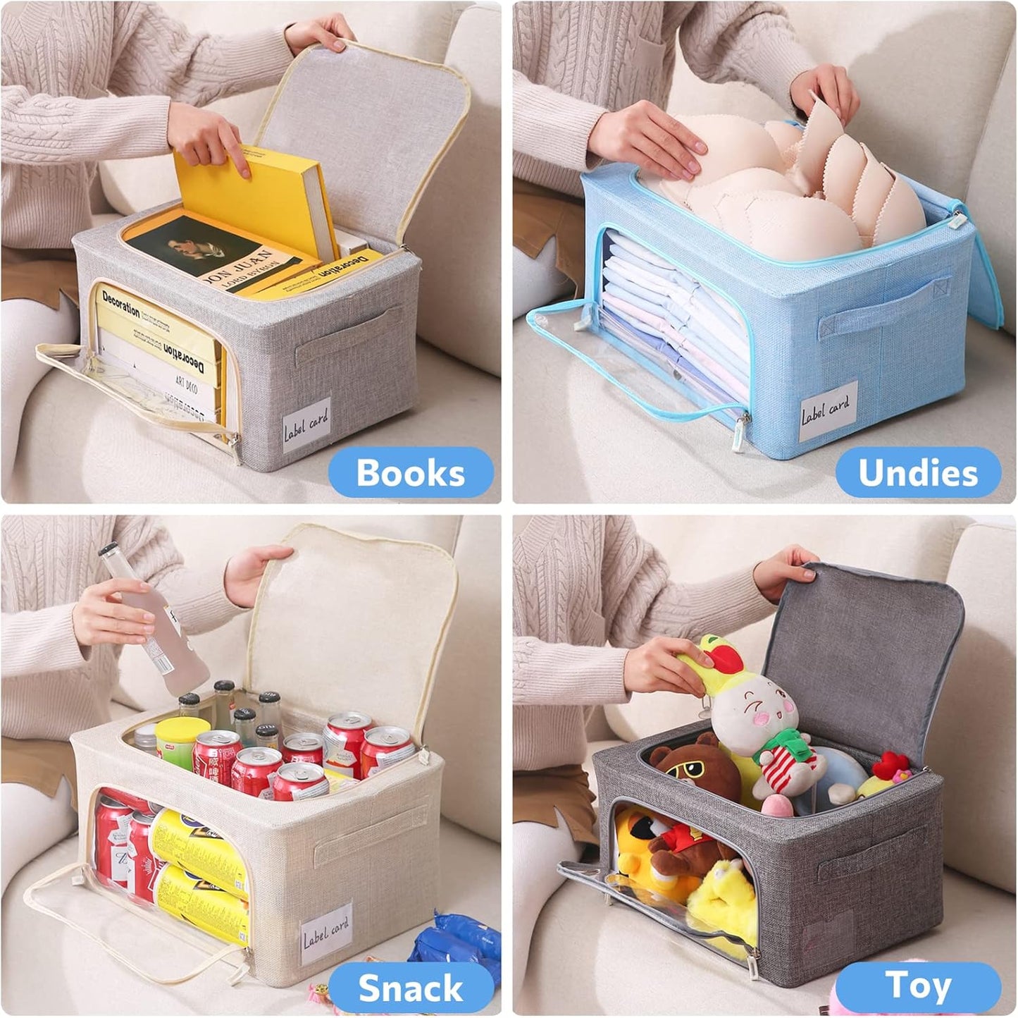 Clothes Storage Bins Box - Foldable Stackable Container Organizer Set with Clear Window & Carry Handles & Metal Frame - 2Pack Large Capacity for Bedding, Blankets, Books