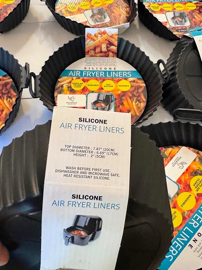 Premium Silicone Air Fryer Liners, Black, 7.87" Top x 6.69" Bottom x 2" Height, Heat-Resistant, Dishwasher Safe, Non-Stick with Handles, 2-Pack