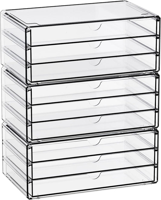 Yieach 11.1 Inch Long Clear Drawer Organizers Stackable,3 Pack Small Acrylic Drawers,School,Office Supplies Organizer And Storage Bins for Stationery,Marker,Pen,Pencil,Craft Desktop Storage Drawers