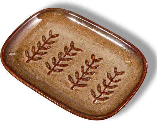 Aesthetic Ceramic Soap Dish for Shower, Soap Holder with Raised Relief, Shower Soap Dish for Shampoo Bar Or Sponge, Soap Saver for Bathroom, Kitchen, Sink, Decorative Soap Tray (Brown)