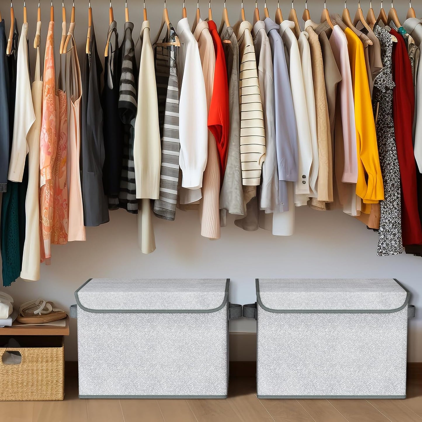 Univivi Storage Bins with Lids [4-Pack] Large Collapsible Stackable Fabric Storage Boxes with Lids, Decorative Closet Organizers and Storage for Clothes, Office, Bedroom (Gray, 17“ x 12” x 12")