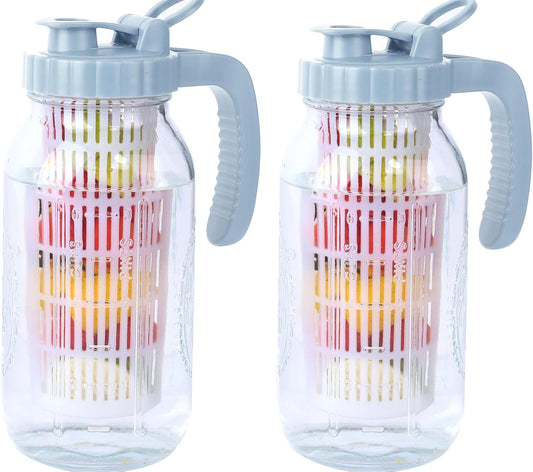 64 Oz Glass Pitcher With Infuser Lid Half Gallon Mason Ja Fruit Infused Cold Hot Water Pitcher 2 Quart Wide Mouth Sun Tea Jar For Outside For Fridge Lemonade, Beverage,Milk,Juice, Cold Brew Container