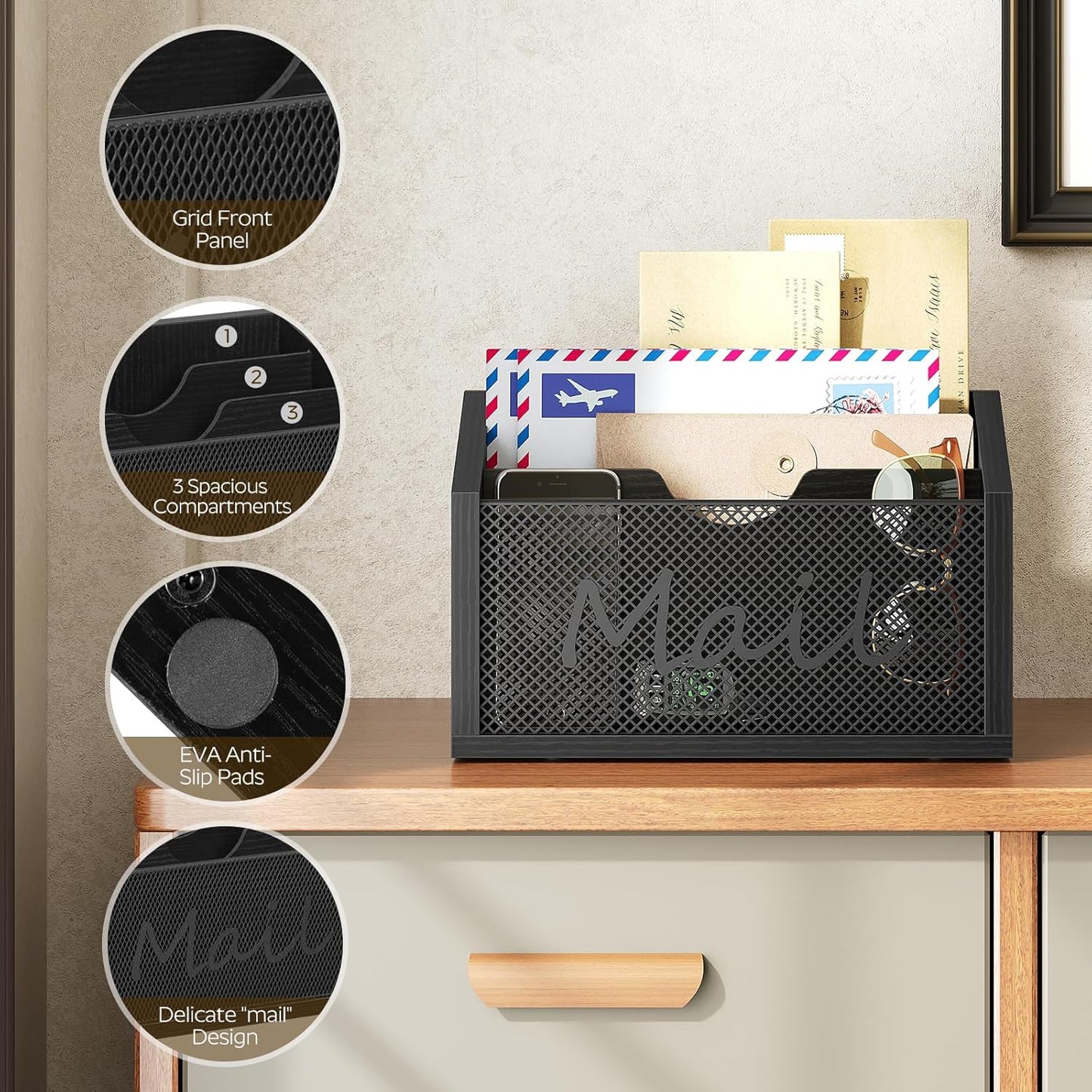 Mail Organizer Countertop, Mail Holder with 3 Slots, Mail Sorter for Desk, Wooden Office Desk Organizer, Mail Organizer for Magazines, Files, Papers, Folders, Black MR03BB