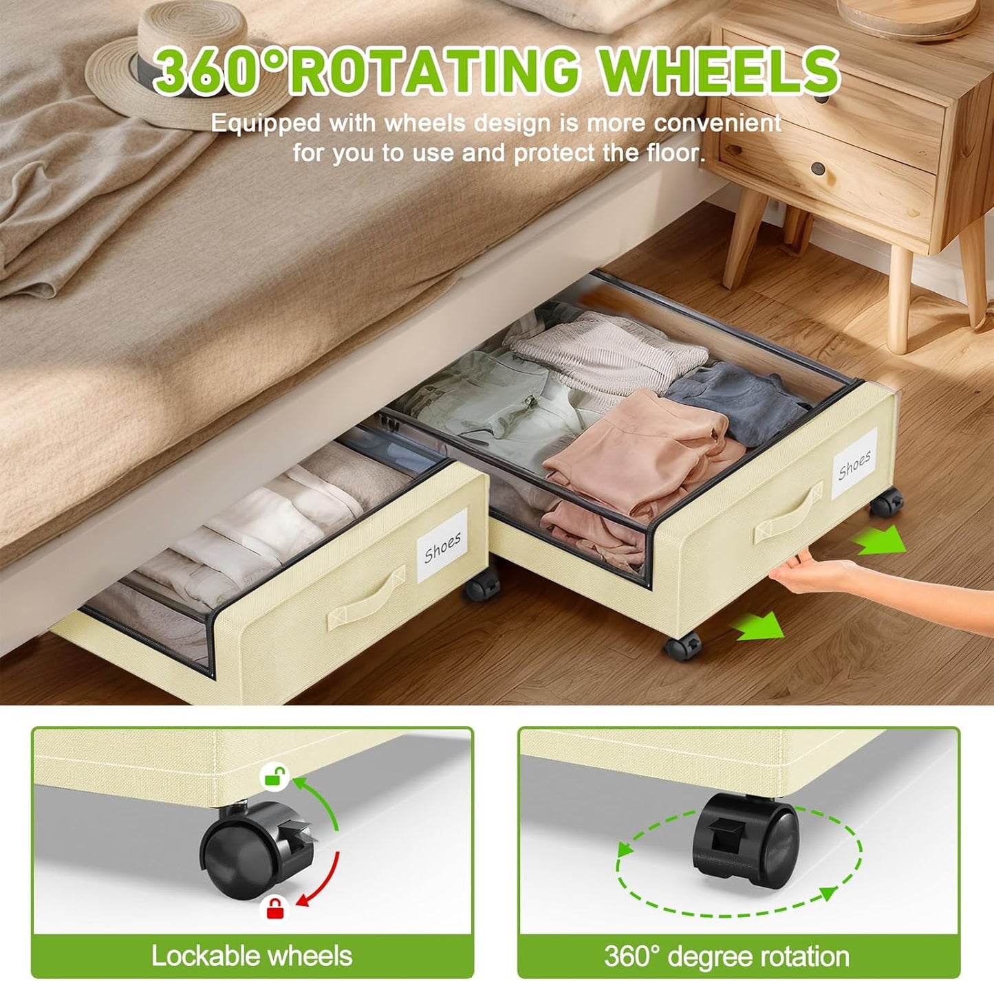 Under Bed Storage with Wheels, 4-Pack UnderBed Storage Containers with Clear Lids, Under Bed Shoe Storage Organizer, Rolling Under Bed Storage for Clothes Shoes Blankets (Beige)