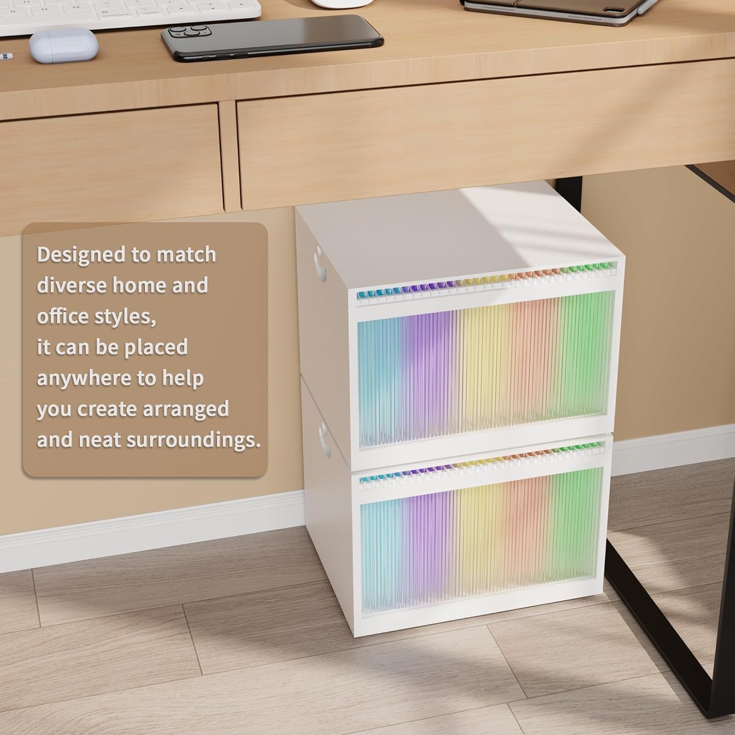 Bamboo Hanging File Boxes with Lids 2 Pack, File Organizer Box for Letter/Legal File, File Box with Hanging Folders Acrylic Light Easy Assembly File Storage Boxes for Home Office, White